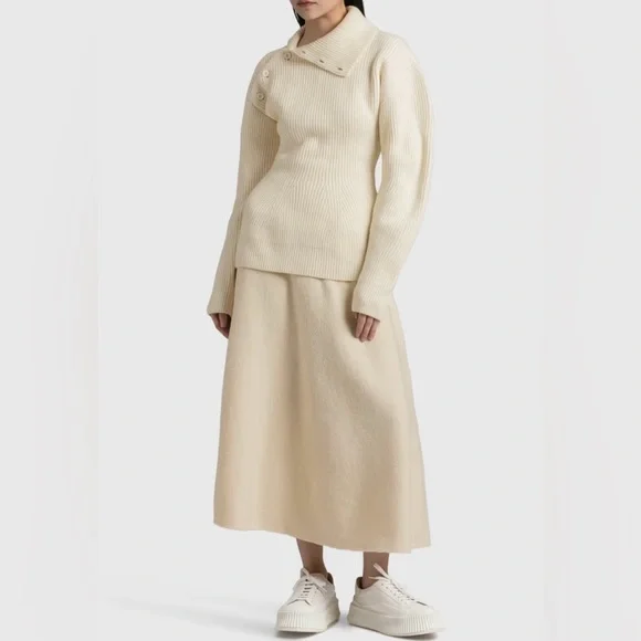 Jil Sander Asymmetric Button Turtleneck Knit Sweater Ivory Long Sleeve Sz 34-S/M - Picture 4 of 16